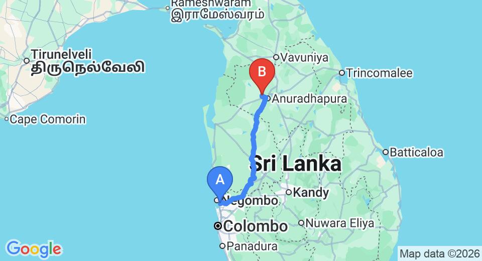 Driving route map: Colombo Airport (CMB) to BAS HOME STAY, Anuradhapura (177 km, approx 3 h 49 min private transfer)