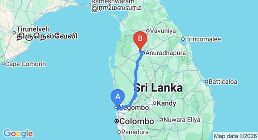 Driving route map: Colombo Airport (CMB) to BAS HOME STAY, Anuradhapura (177 km, approx 3 h 49 min private transfer)