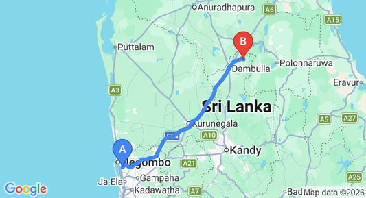 Driving route map: Colombo Airport (CMB) to Wewa Addara Hotel, Sigiriya (146 km, approx 3 h 17 min private transfer)