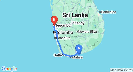 Driving route map: Rekawa to Colombo Airport (CMB) (220 km, approx 2 h 56 min private transfer)