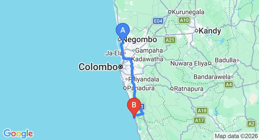 Driving route map: Colombo Airport (CMB) to Amal Villa, Bentota (109 km, approx 1 h 42 min private transfer)