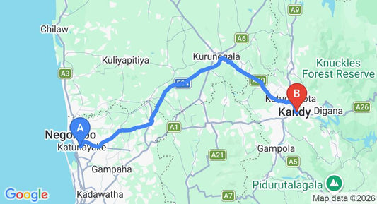 Driving route map: Colombo Airport (CMB) to Hotel Kandy Waters, Kandy (115 km, approx 2 h 53 min private transfer)