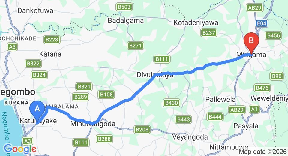 Driving route map: Colombo Airport (CMB) to Midigama (32 km, approx 57 min private transfer)
