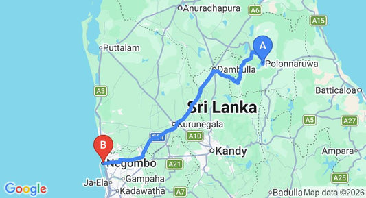 Driving route map: Polonnaruwa to Negombo (201 km, approx 4 h 6 min private transfer)