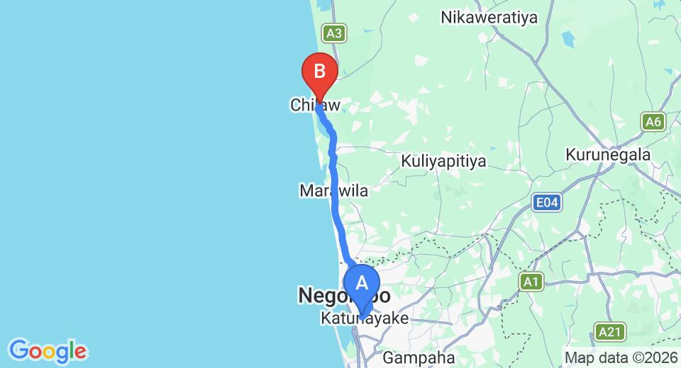 Driving route map: Colombo Airport (CMB) to Hotel Athina and Restaurant, Chilaw (53 km, approx 1 h 30 min private transfer)