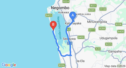 Driving route map: Colombo Airport (CMB) to Dungalpitiya (23 km, approx 36 min private transfer)