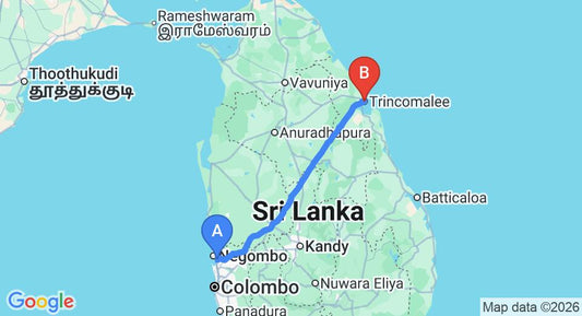 Driving route map: Colombo Airport (CMB) to Trinco Topaz Beach Hotel, Trincomalee (235 km, approx 4 h 43 min private transfer)