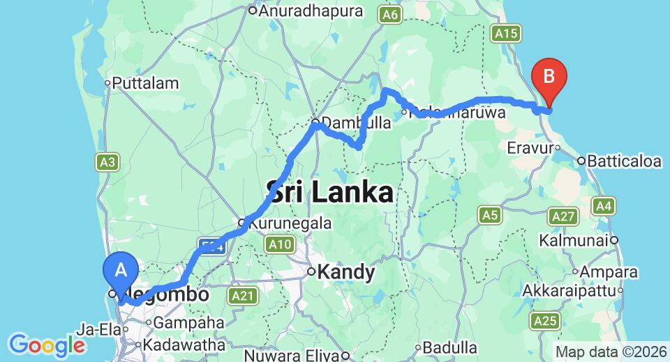 Driving route map: Colombo Airport (CMB) to Amaya Beach, Pasikuda (267 km, approx 5 h 29 min private transfer)
