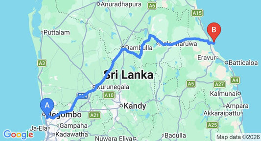Driving route map: Colombo Airport (CMB) to Amaya Beach, Pasikuda (267 km, approx 5 h 29 min private transfer)