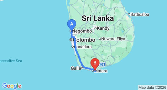 Driving route map: Colombo Airport (CMB) to Talalla Retreat, Matara (197 km, approx 2 h 47 min private transfer)
