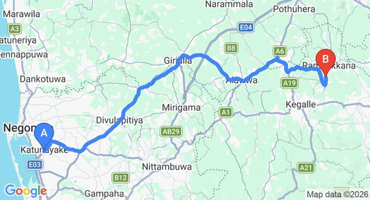 Driving route map: Colombo Airport (CMB) to Far Pavilion, Pinnawala (78 km, approx 2 h 6 min private transfer)
