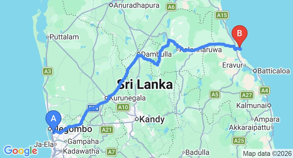 Driving route map: Colombo Airport (CMB) to Anantaya Resort and Spa, Pasikuda (268 km, approx 5 h 30 min private transfer)