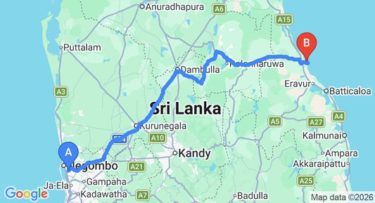 Driving route map: Colombo Airport (CMB) to Anantaya Resort and Spa, Pasikuda (268 km, approx 5 h 30 min private transfer)