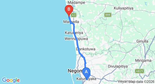 Driving route map: Colombo Airport (CMB) to Club Palm Bay Hotel, Marawila (36 km, approx 1 h 6 min private transfer)