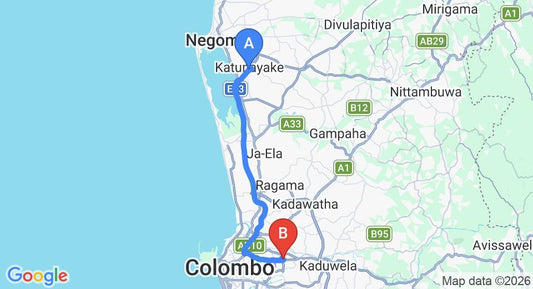Driving route map: Colombo Airport (CMB) to Angoda (35 km, approx 43 min private transfer)