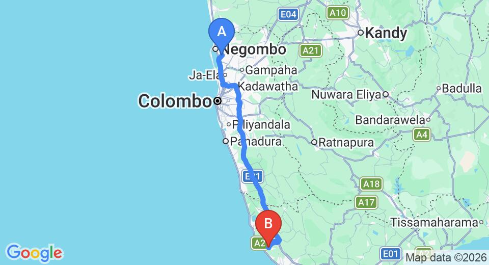 Driving route map: Colombo Airport (CMB) to Gonapinuwala (139 km, approx 2 h 0 min private transfer)