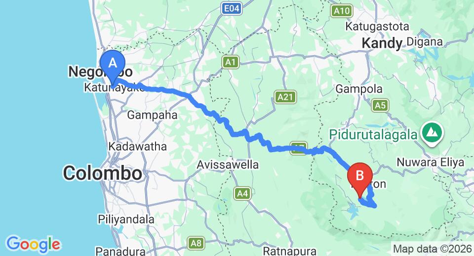 Driving route map: Colombo Airport (CMB) to Dunkeld Bungalow, Hatton (133 km, approx 4 h 17 min private transfer)