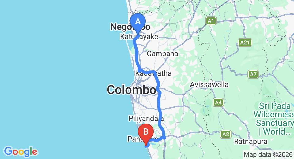 Driving route map: Colombo Airport (CMB) to Laya Beach, Wadduwa (77 km, approx 1 h 25 min private transfer)