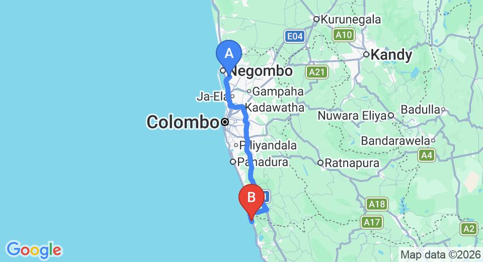 Driving route map: Colombo Airport (CMB) to Arcade Beach Hotel, Bentota (112 km, approx 1 h 46 min private transfer)