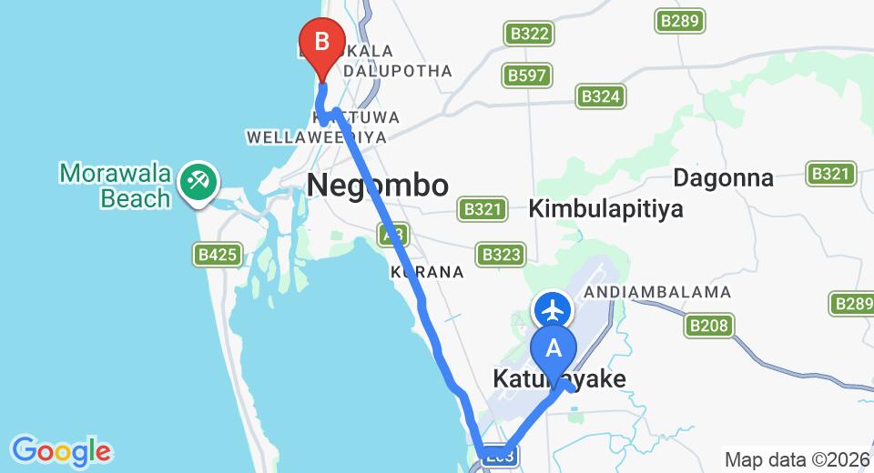 Driving route map: Colombo Airport (CMB) to Heritance Hotel Negombo, Negombo (12 km, approx 29 min private transfer)