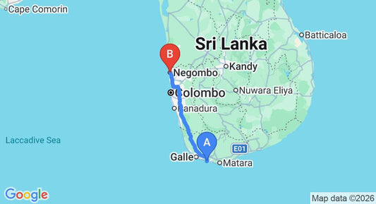 Driving route map: Ahangama to Negombo (167 km, approx 2 h 23 min private transfer)