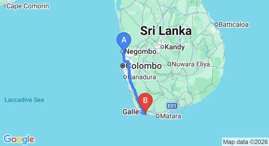 Driving route map: Colombo Airport (CMB) to Habaraduwa House, Galle (159 km, approx 2 h 17 min private transfer)