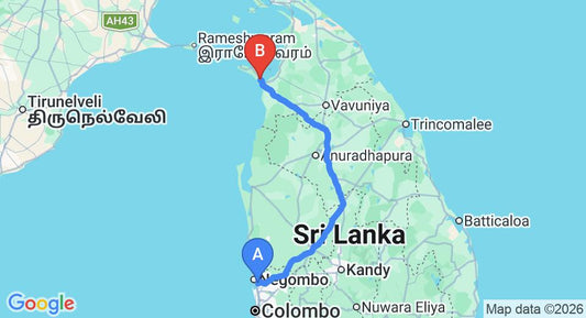 Driving route map: Colombo Airport (CMB) to Seahorse Restinn and Minihall, Mannar (295 km, approx 5 h 49 min private transfer)