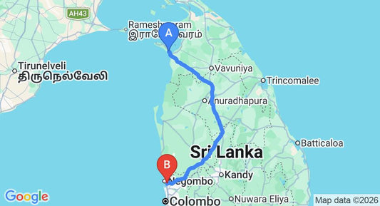 Driving route map: Mannar to Colombo Airport (CMB) (295 km, approx 5 h 52 min private transfer)