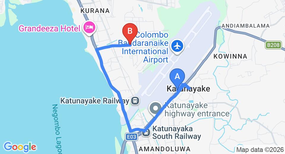 Driving route map: Colombo Airport (CMB) to Katunayake Air Force Camp (7 km, approx 19 min private transfer)