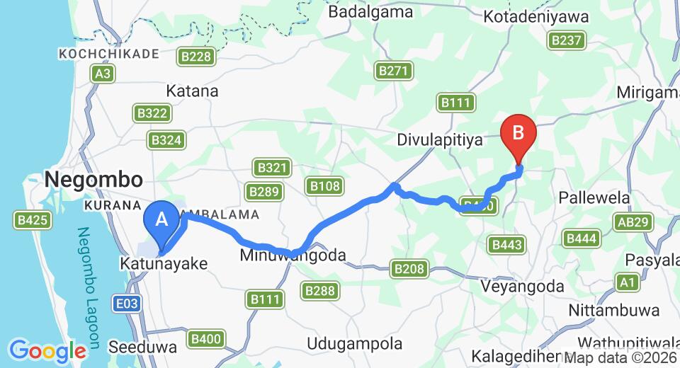 Driving route map: Colombo Airport (CMB) to Muddaragama (24 km, approx 46 min private transfer)