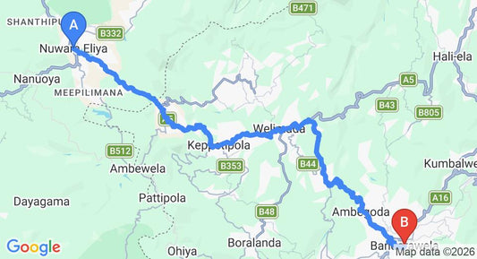 Driving route map: Nuwara Eliya to Bandarawela (47 km, approx 1 h 32 min private transfer)