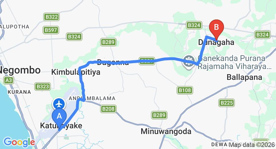 Driving route map: Colombo Airport (CMB) to Dunagaha (16 km, approx 30 min private transfer)