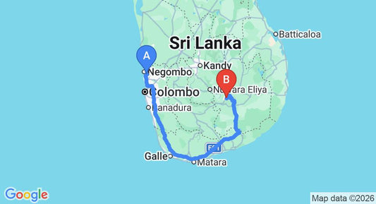 Driving route map: Colombo Airport (CMB) to Hotel Lion Inn, Bandarawela (345 km, approx 5 h 15 min private transfer)