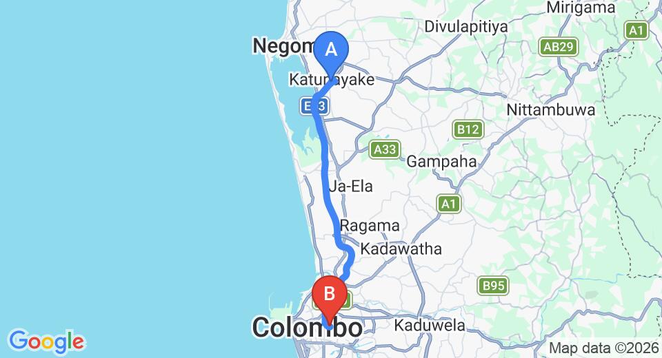 Driving route map: Colombo Airport (CMB) to Colombo 5 (31 km, approx 38 min private transfer)