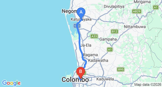 Driving route map: Colombo Airport (CMB) to Colombo 8 (31 km, approx 38 min private transfer)