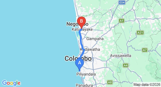 Driving route map: Mount Lavinia to Colombo Airport (CMB) (44 km, approx 1 h 3 min private transfer)