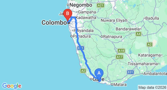 Driving route map: Koggala to Colombo Seaport (158 km, approx 2 h 16 min private transfer)