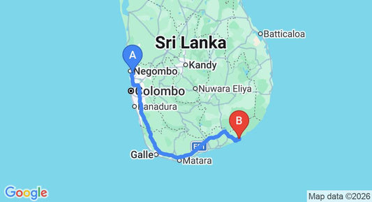 Driving route map: Colombo Airport (CMB) to Laya Safari, Tissamaharama (299 km, approx 4 h 16 min private transfer)