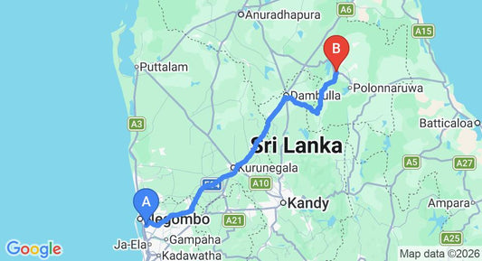 Driving route map: Colombo Airport (CMB) to Royal Lotus Hotel, Polonnaruwa (183 km, approx 3 h 45 min private transfer)