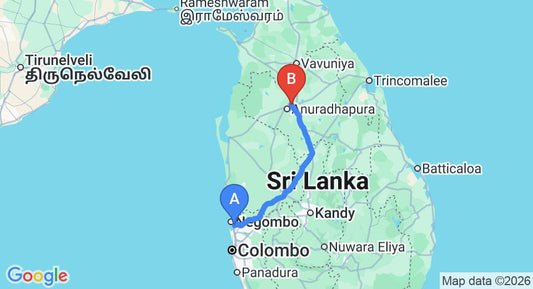 Driving route map: Colombo Airport (CMB) to Hotel Heladiv, Anuradhapura (189 km, approx 3 h 55 min private transfer)