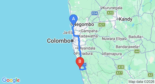 Driving route map: Colombo Airport (CMB) to Shiran Villas, Aluthgama (107 km, approx 1 h 40 min private transfer)