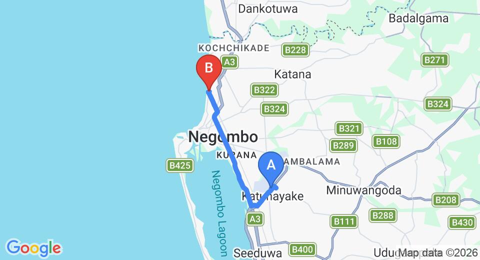 Driving route map: Colombo Airport (CMB) to Pledge3 Hotel, Negombo (13 km, approx 30 min private transfer)