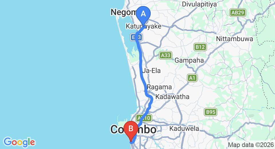 Driving route map: Colombo Airport (CMB) to The Residence, Colombo (36 km, approx 50 min private transfer)