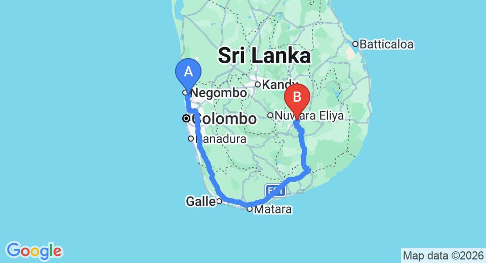 Driving route map: Colombo Airport (CMB) to Ella Resort Nine Skies, Ella (343 km, approx 5 h 16 min private transfer)
