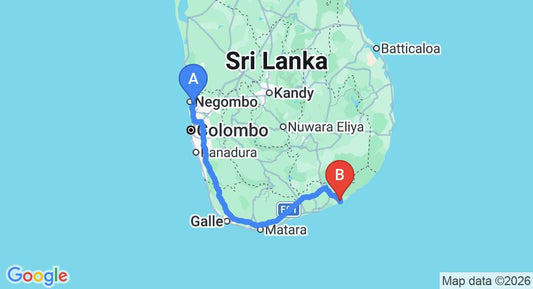 Driving route map: Colombo Airport (CMB) to Kirinda (288 km, approx 3 h 58 min private transfer)