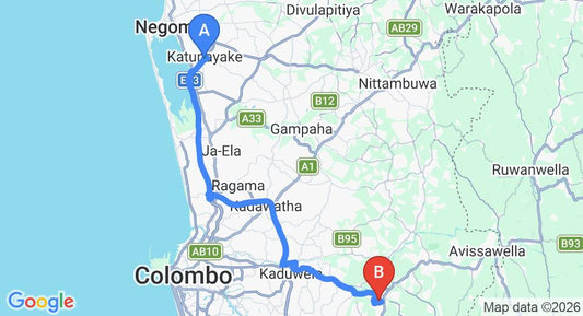 Driving route map: Colombo Airport (CMB) to Hanwella (54 km, approx 1 h 13 min private transfer)
