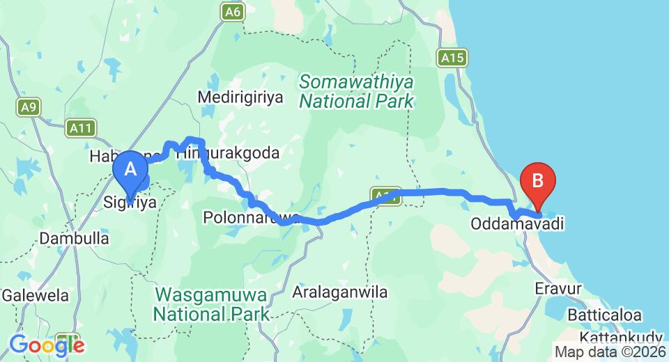 Driving route map: Sigiriya to Pasikuda (125 km, approx 2 h 36 min private transfer)