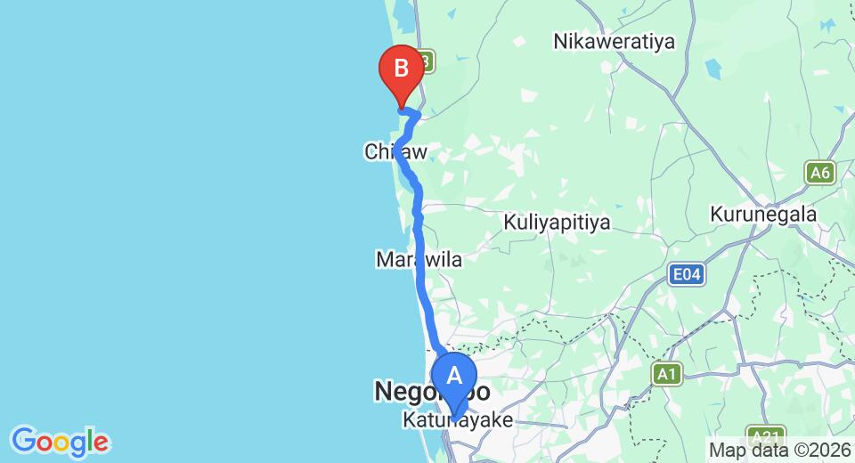 Driving route map: Colombo Airport (CMB) to Anantaya Resort and Spa, Chilaw (63 km, approx 1 h 47 min private transfer)