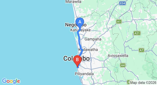 Driving route map: Colombo Airport (CMB) to Vesta Village, Dehiwala (41 km, approx 1 h 5 min private transfer)