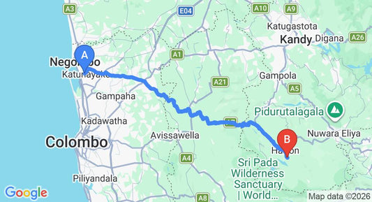 Driving route map: Colombo Airport (CMB) to Dickoya By Jetwing Jw, Hatton (119 km, approx 3 h 44 min private transfer)